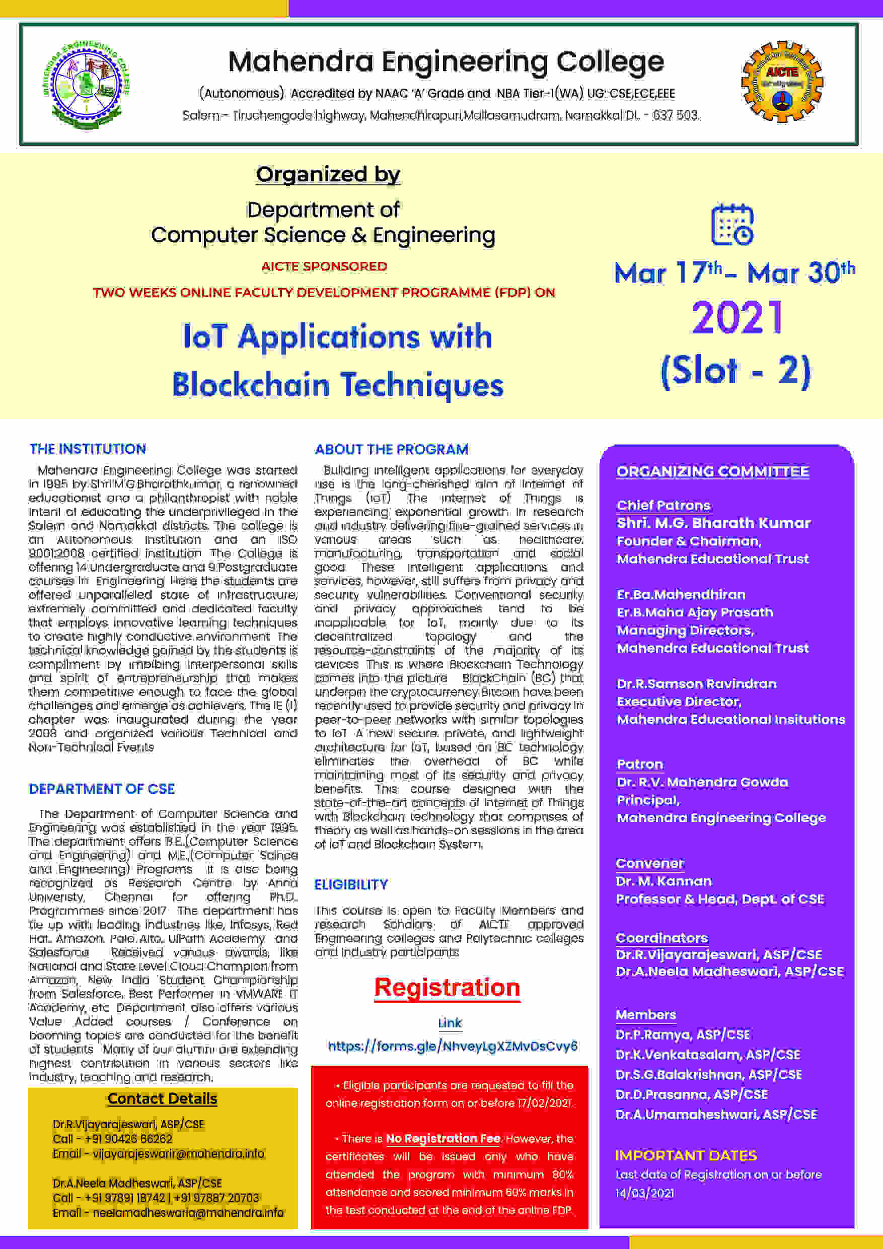 AICTE Sponsored Online Two Weeks online FDP on IoT Applications with Blockchain Techniques 2021